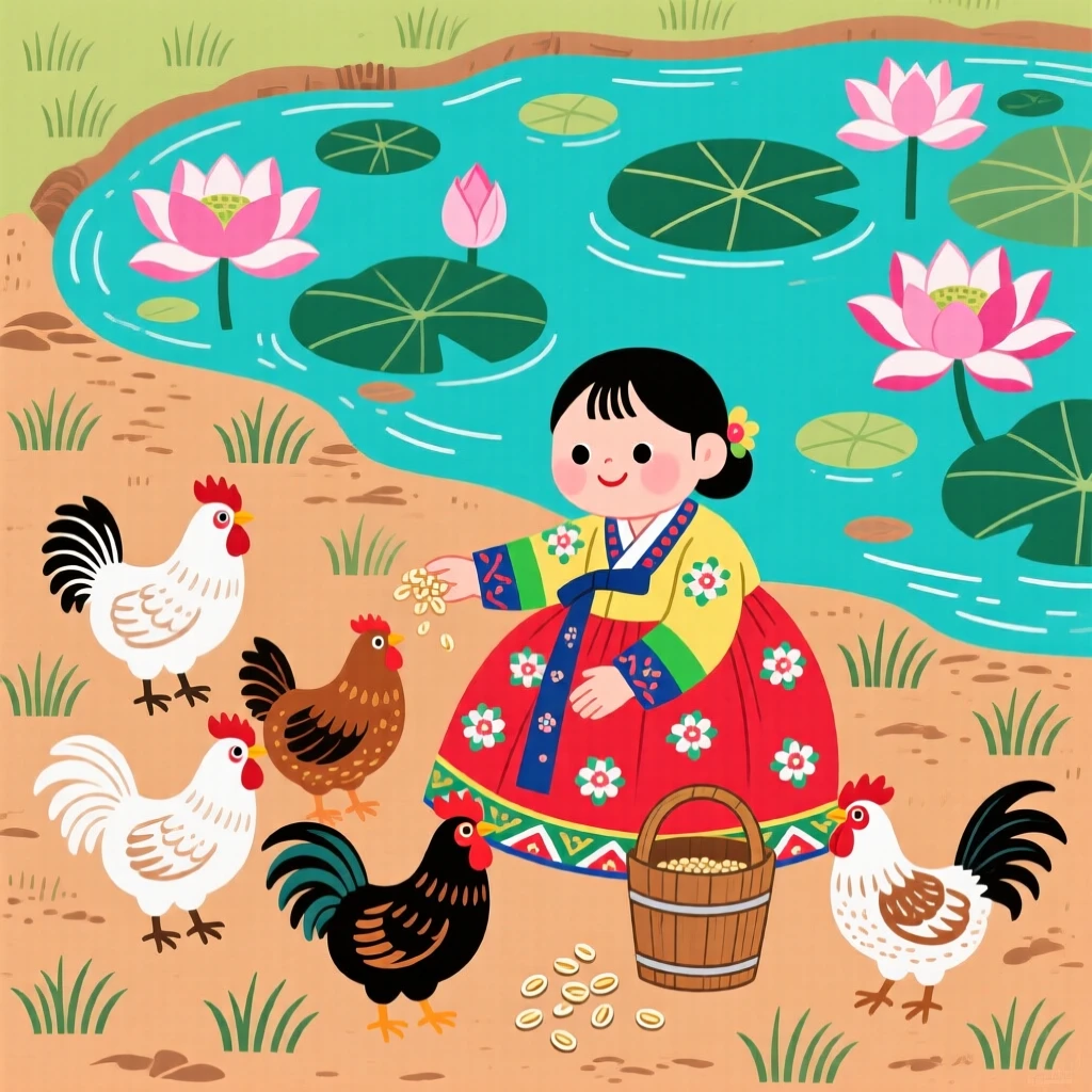 A young girl feeding chickens in a farmyard at the edge of a lotus pond.