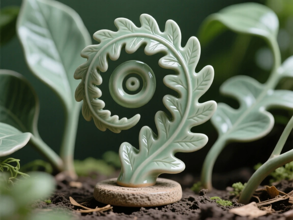 A spiraling fern unfurling a new frond framed by soft surrounding greenery, its edges delicately curled and textured, stirring feelings of peace and gentle growth.