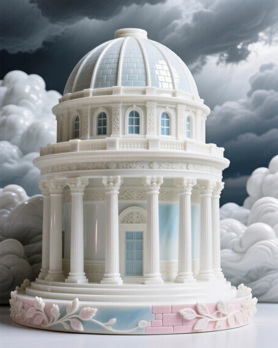 A grand view of a classical domed rotunda, framed by dramatic storm clouds clearing.