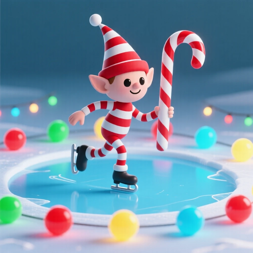 A festive candy cane elf skates gracefully across a frozen pond ringed with twinkling colorful lights.