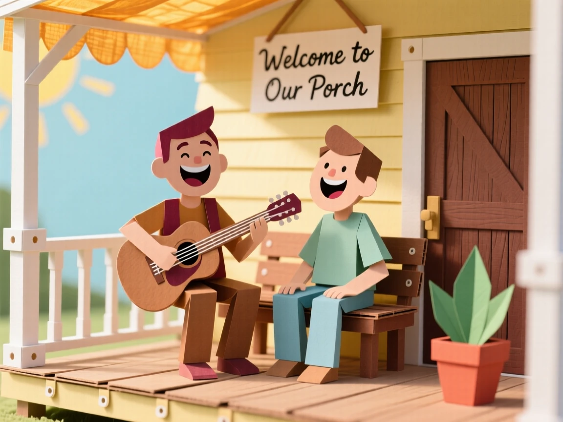 A traveling musician laughing together on a sunlit porch, with soft laughter caught mid-moment, capturing the simple beauty of everyday moments.