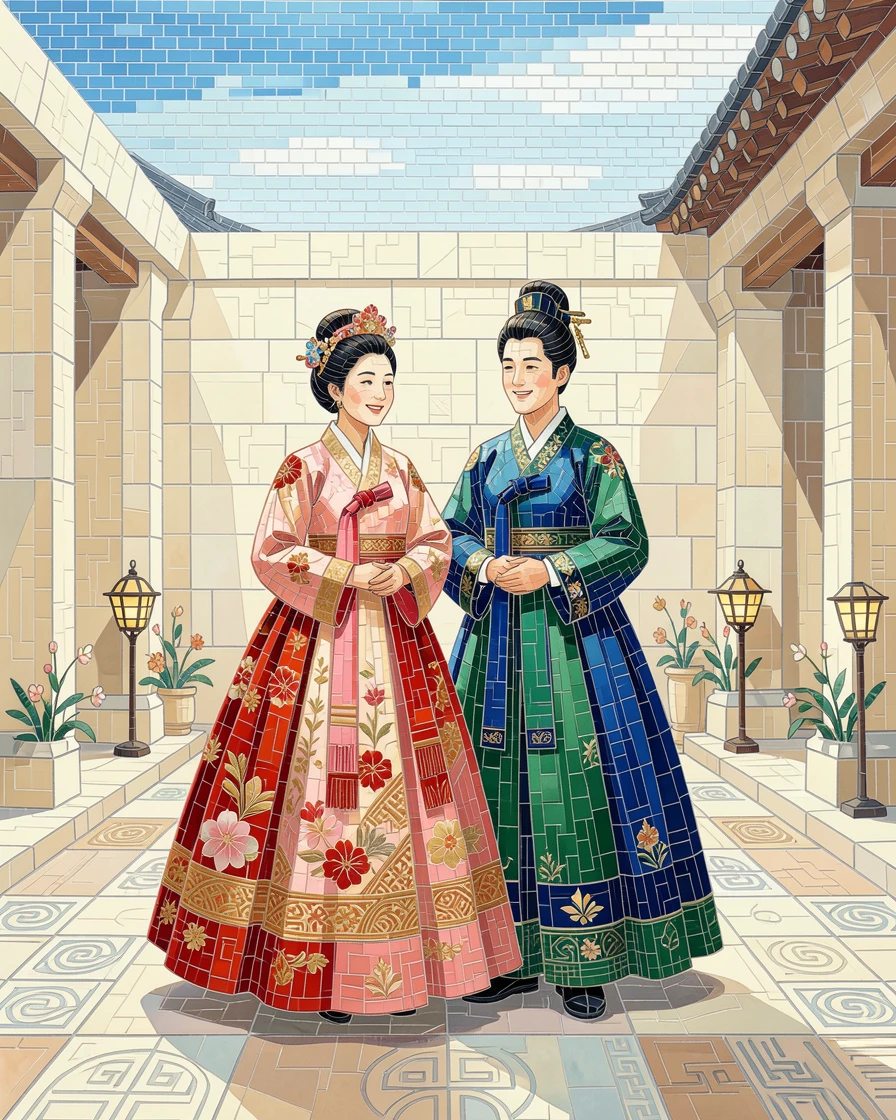 A traditional Korean hanbok wedding ceremony in a palace courtyard.