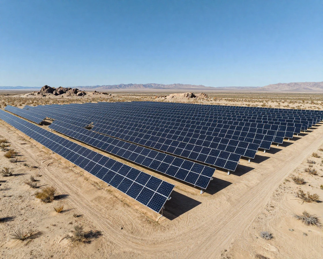 A solar farm stretching across a desert landscape