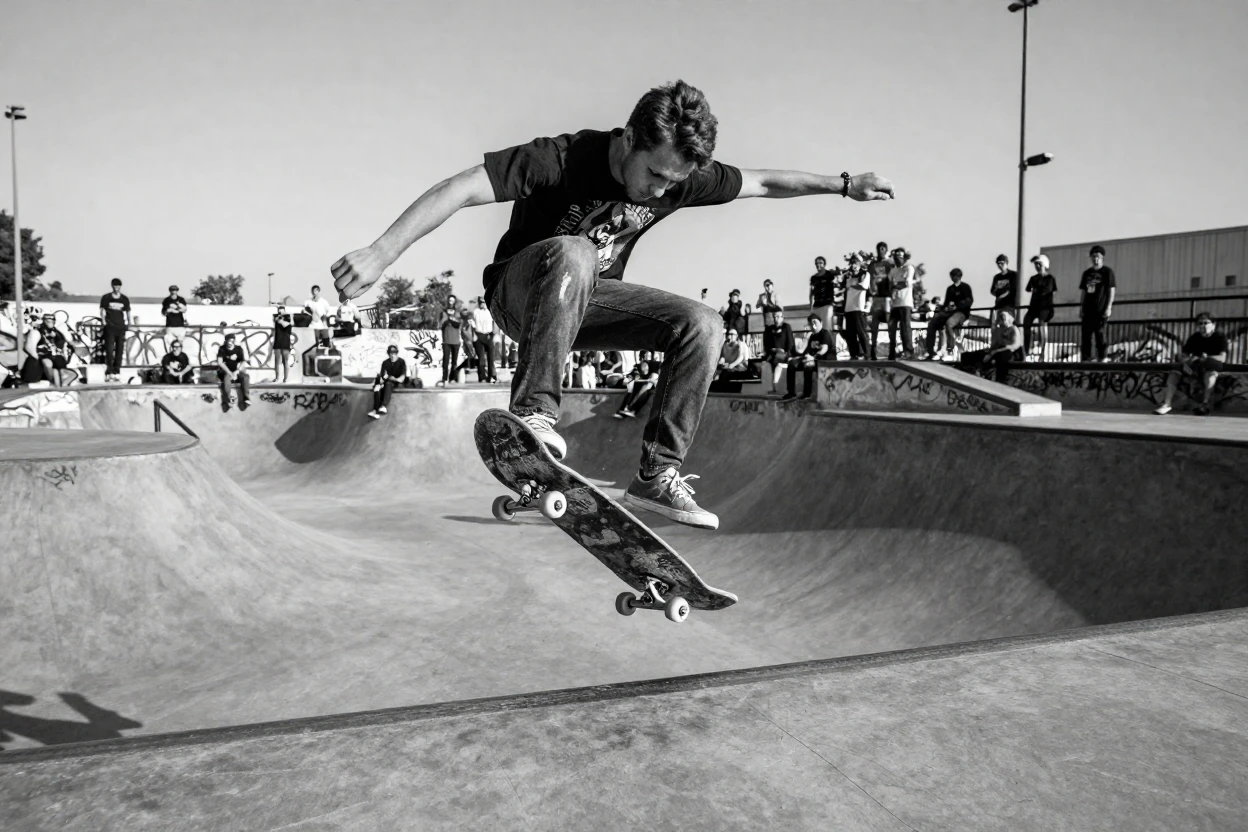 A skateboarder lands a trick above a concrete ramp in a busy skate park.