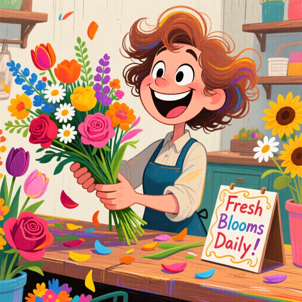 A florist arranging a bouquet of vibrant flowers, petals scattered across the counter.
