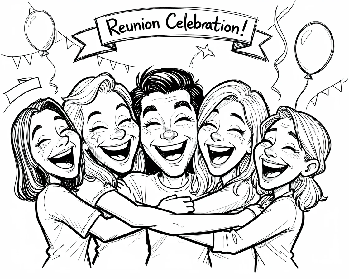 [Seasonal Holidays & Celebrations] Festive scene of friends celebrating a reunion with a big embrace and laughter, full of celebration and joy