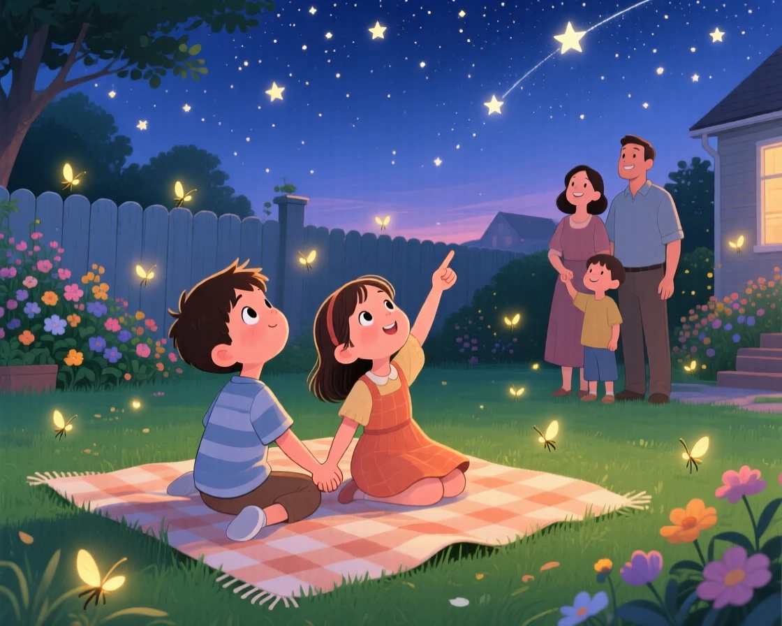 With their whole family close by, siblings holding hands is stargazing from a backyard blanket, as fireflies begin to twinkle.