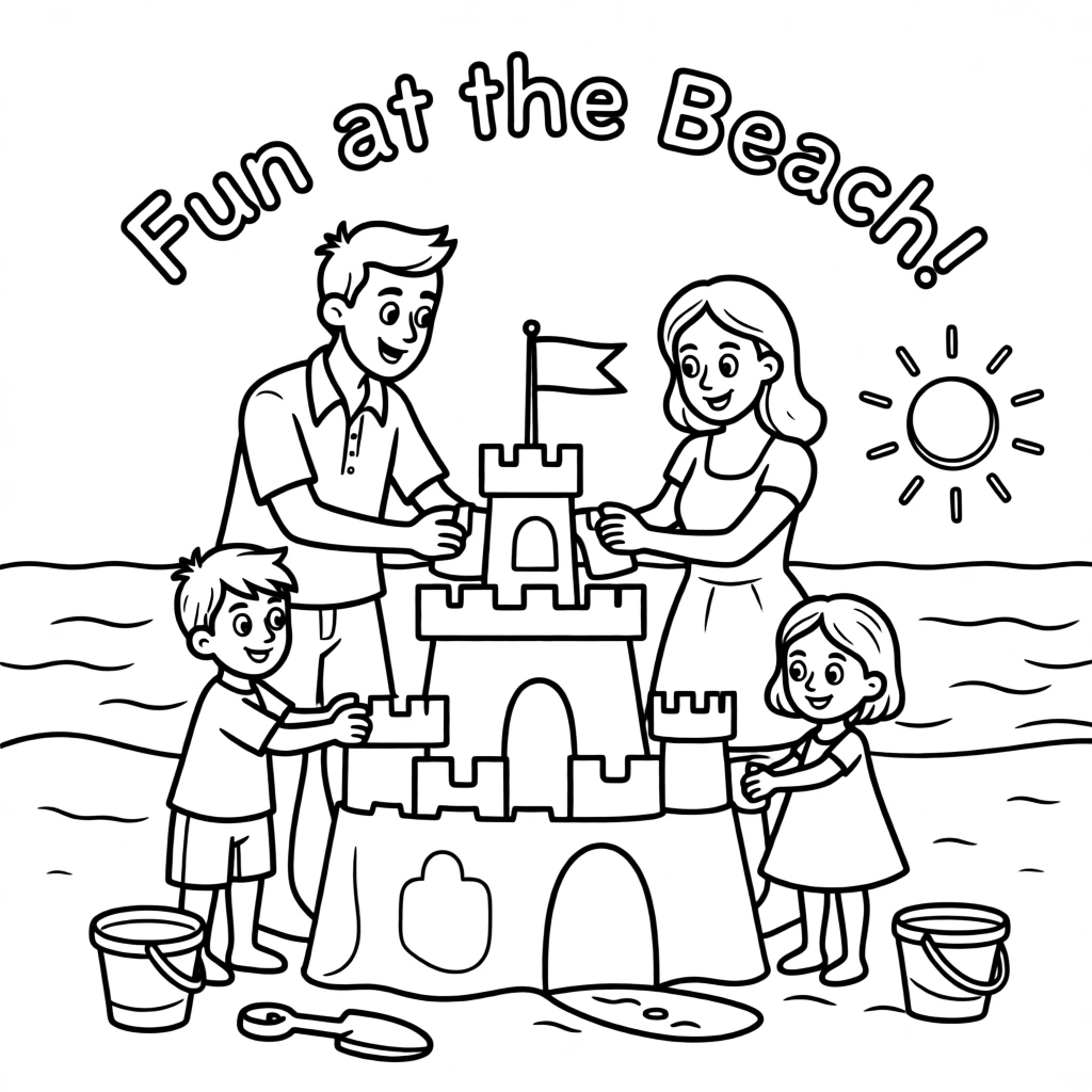 A family building a sandcastle together at the beach