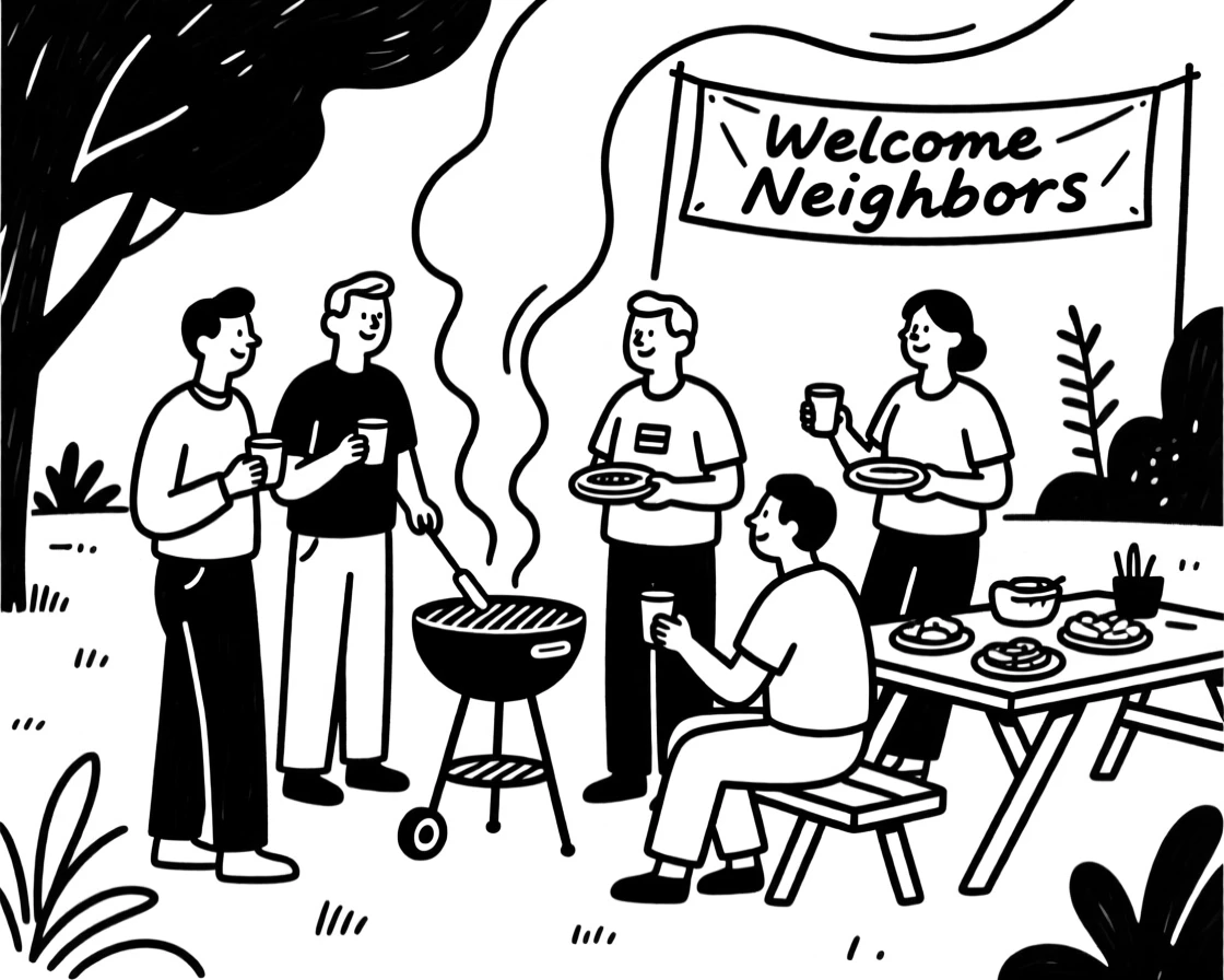 A group of neighbors gathered for a friendly outdoor barbecue.