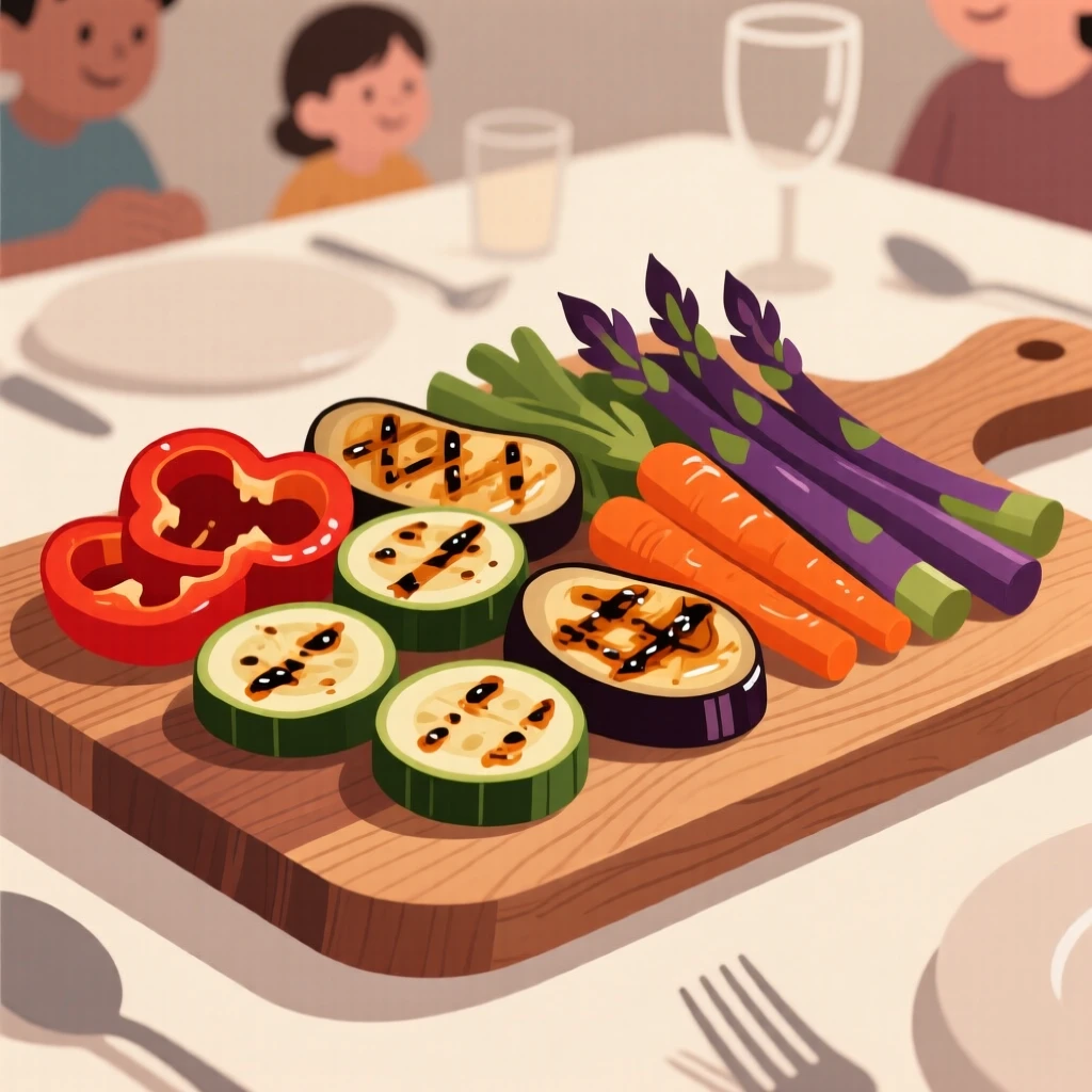 A platter of grilled vegetables beautifully displayed on a rustic wooden board at a family gathering.