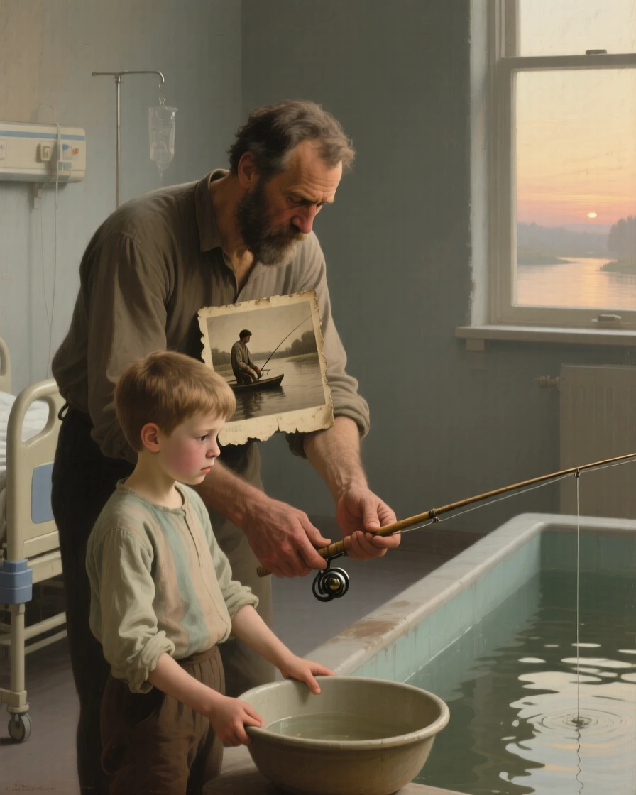 A father teaching his son to fish at the water's edge at the moment hope and fear collide, set in a dimly lit hospital ward at the edge of dawn, with a faded photograph clutched tightly to a chest; the composition uses negative space to emphasize the distance just closed, filled with gratitude, humility, and human warmth.