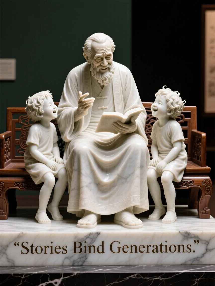 A heartwarming depiction of a grandfather telling stories to wide-eyed grandchildren, full of laughter and genuine connection