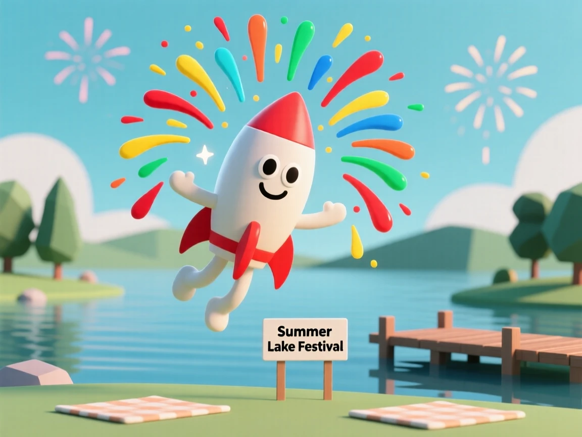 A cheerful firework spirit bursts into a shower of sparkling colors above a summer lake celebration.