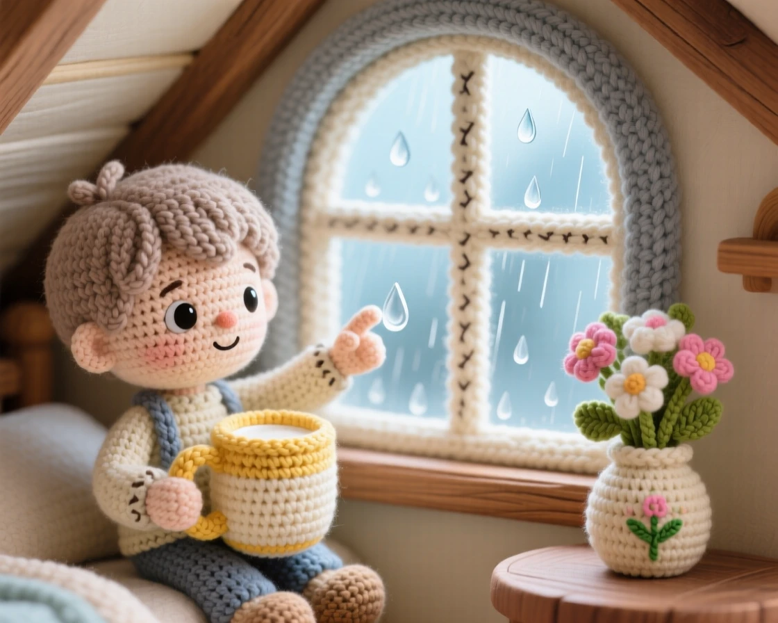 A tender everyday moment: a small boy watching rain from a window with a mug of warm milk, tracing raindrops with one finger on the glass inside a snug attic bedroom under a sloped ceiling; a small vase of fresh garden flowers completes the scene, full of soft nostalgic coziness.