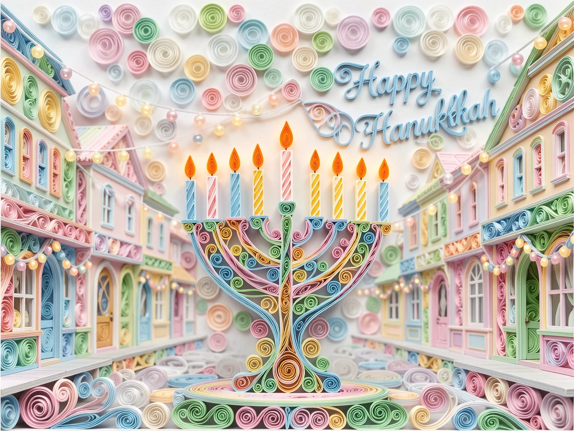 A festive holiday scene of a Hanukkah menorah glowing with lit candles in a town square strung with festive lights, in bright cheerful pastel spring colors, captured with festive bokeh lights in the background.