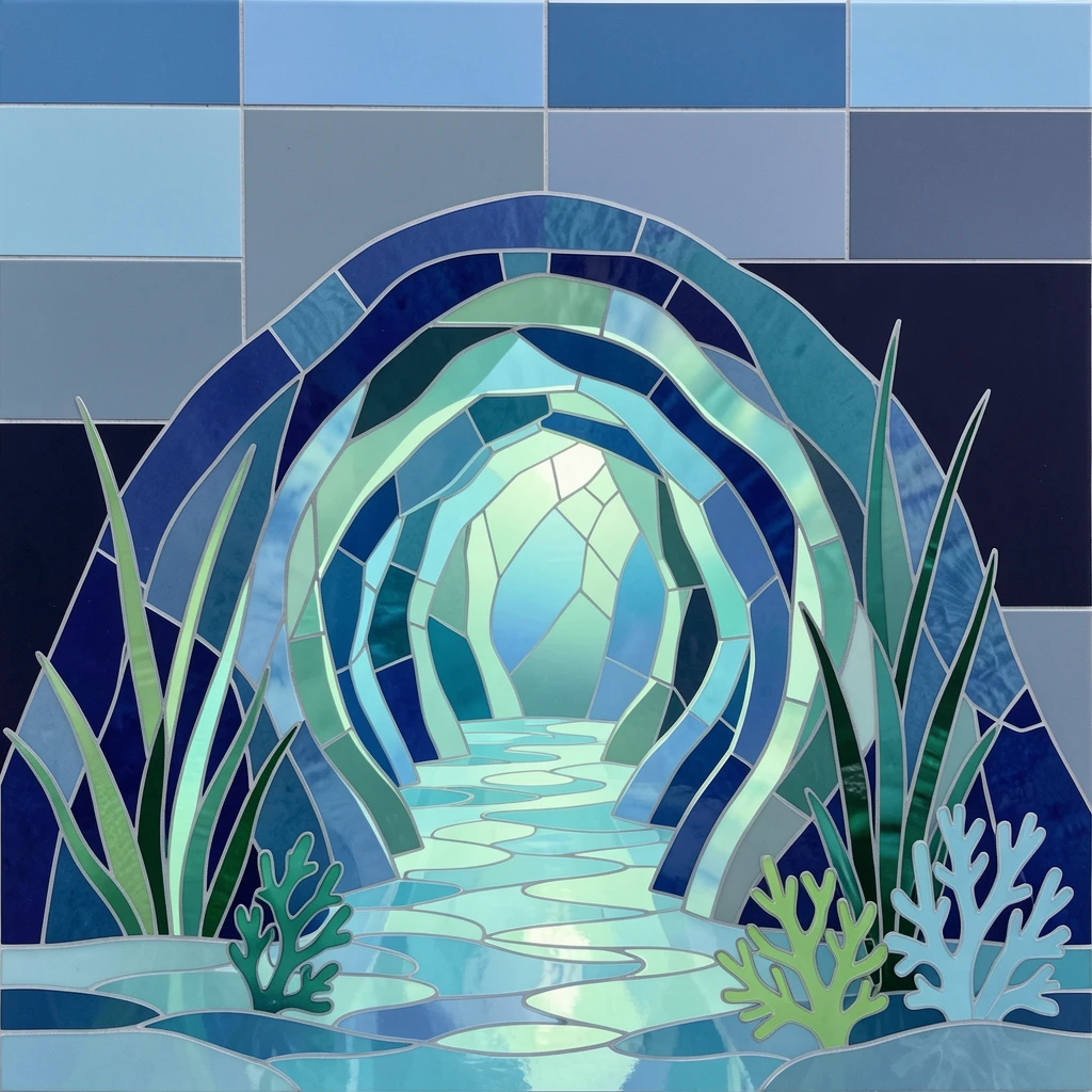 A dreamlike underwater view of a hidden underwater cave glowing with soft blue light, glowing with soft blue-green light.