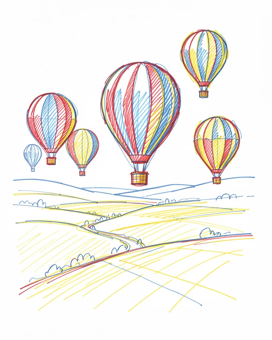 A colorful hot air balloon festival rising over a wide valley