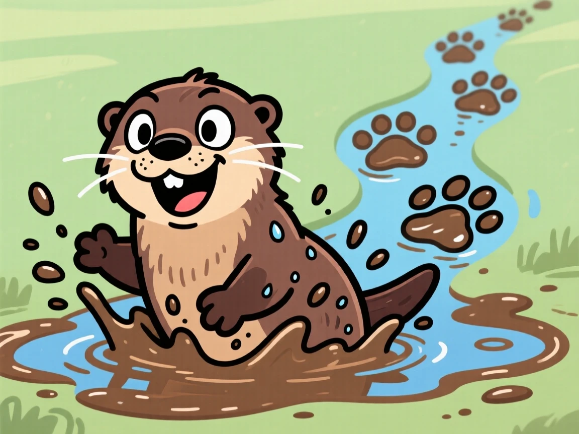 A playful pet moment featuring a playful otter splashing gleefully through a puddle, with muddy paw prints trailing behind.