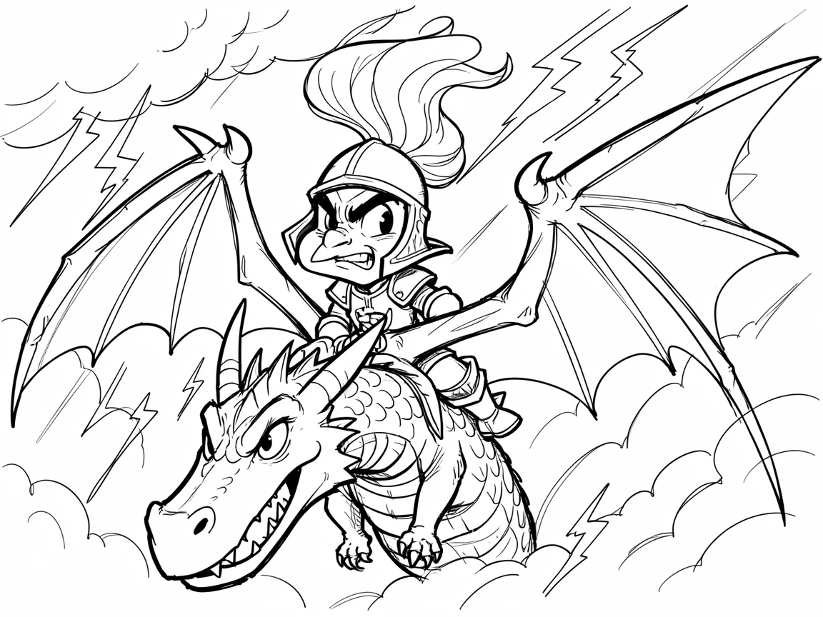 [Fantasy & Imaginative Scenarios] Imaginative fantasy scene of a brave knight riding a majestic dragon through stormy skies, brimming with wonder