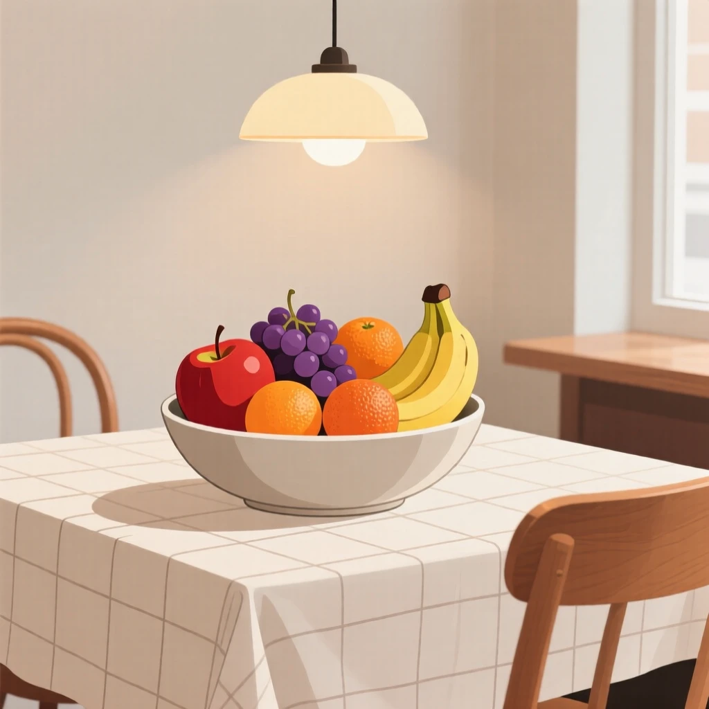 A bowl of seasonal fruit beautifully displayed on a linen tablecloth at a cozy cafe.