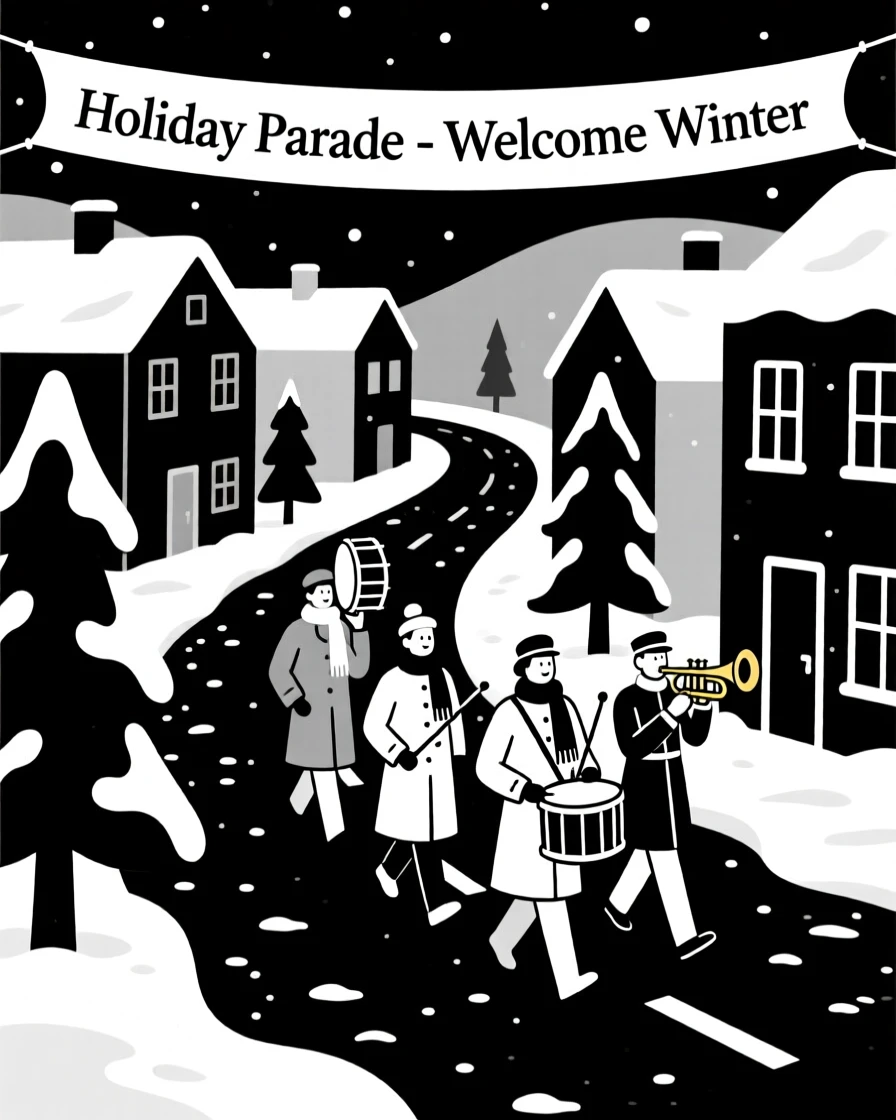 A holiday parade marching through a snow-dusted town.