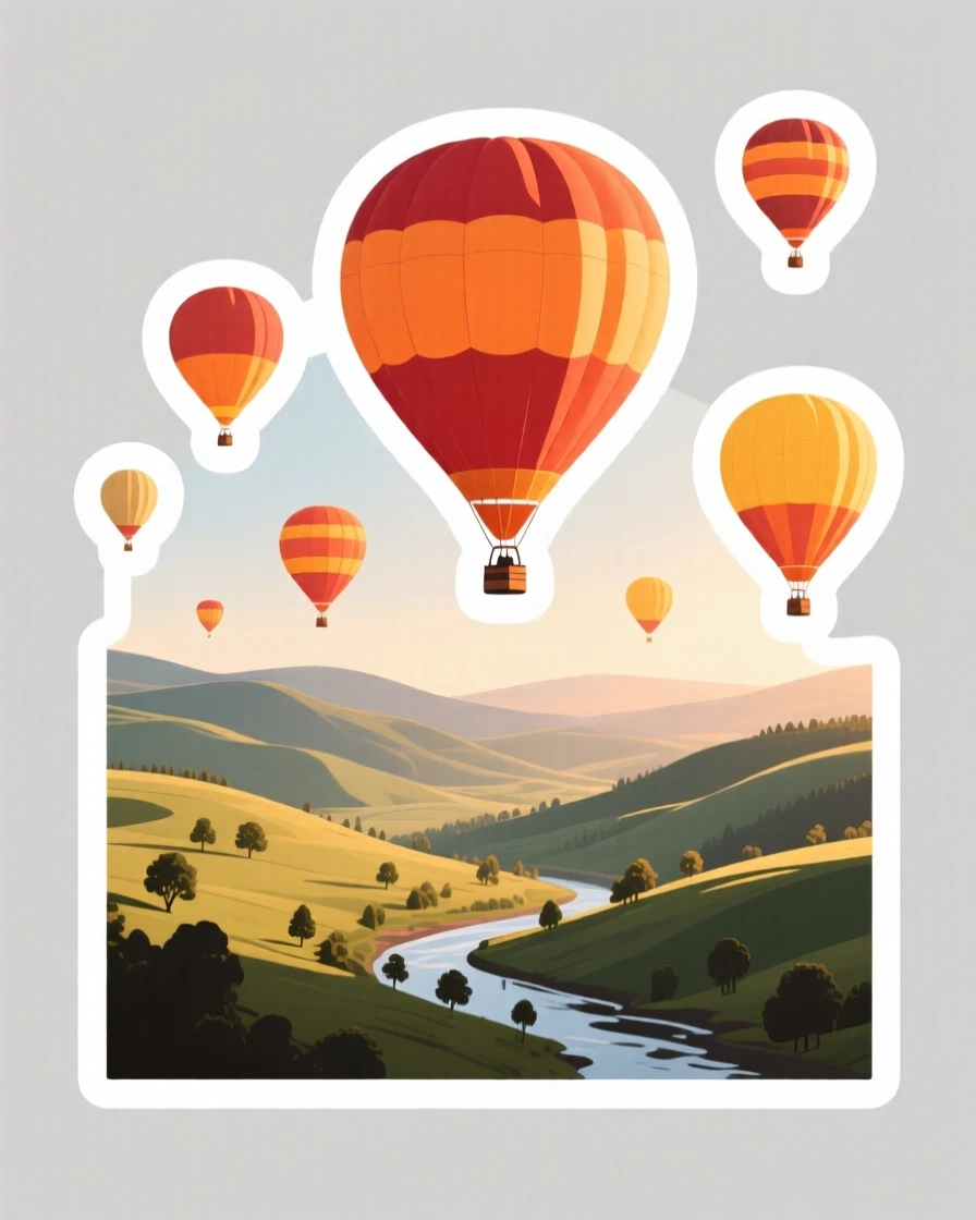 A peaceful hot air balloons floating over a valley, illuminated by warm afternoon sunlight, on a peaceful weekend getaway.