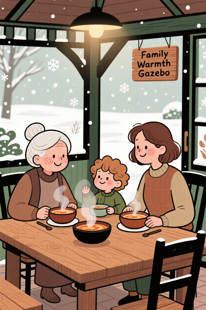 Three generations of a family gather around a large wooden table in the garden gazebo, sharing steaming bowls of soup and stories as snow falls softly beyond the window.