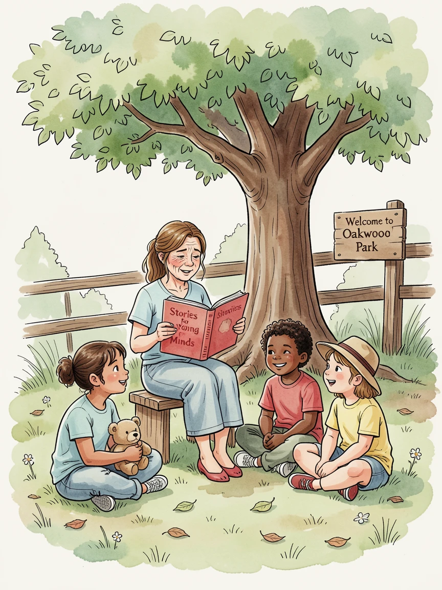 A teacher reading aloud to a circle of attentive children under a shady tree, the surrounding setting adding a sense of everyday charm.