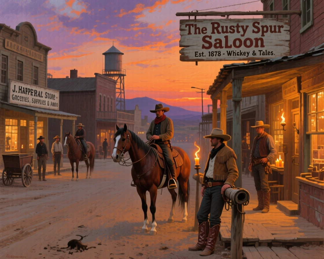 A Wild West town with cowboys and horses lining a dusty main street, as warm candlelight or torchlight fills the surrounding space, capturing the grandeur and detail of a bygone era