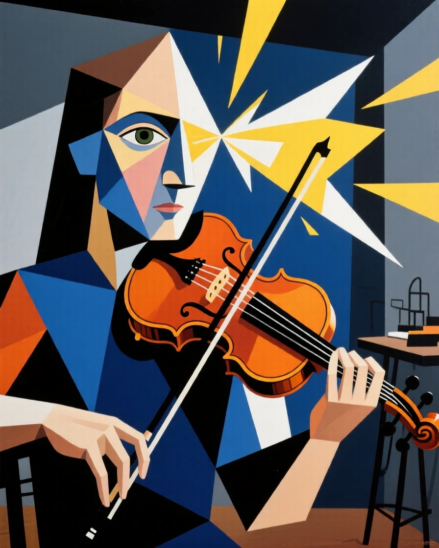 A medium shot portrait of a violinist pausing mid-task to look toward the light, focused and content in the craft.