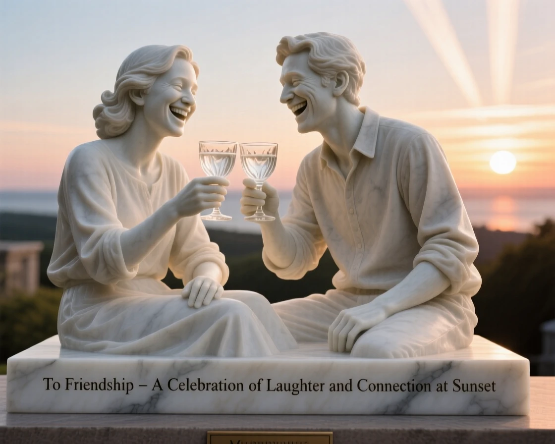 A heartwarming depiction of friends toasting glasses at sunset, full of laughter and genuine connection