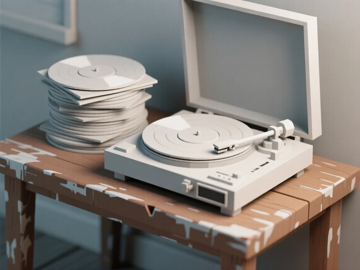A stack of vinyl records beside an old turntable, on a weathered wooden table. fine textures and material details are clearly visible. The atmosphere feels cozy and personal.