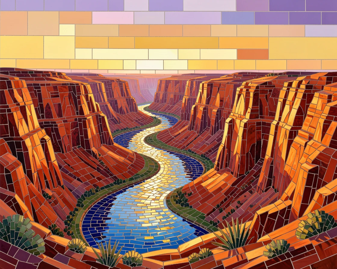 A dramatic canyon river seen from high above winding through red rock, bathed in the warm colors of a golden hour sunset.