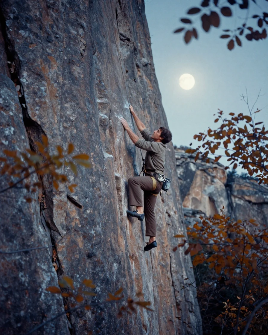 A rock climber scaling a sunlit sandstone cliff, under moonlight, in still, windless air, in late autumn, in cool blues and silvery greys, peering through foliage in the foreground.