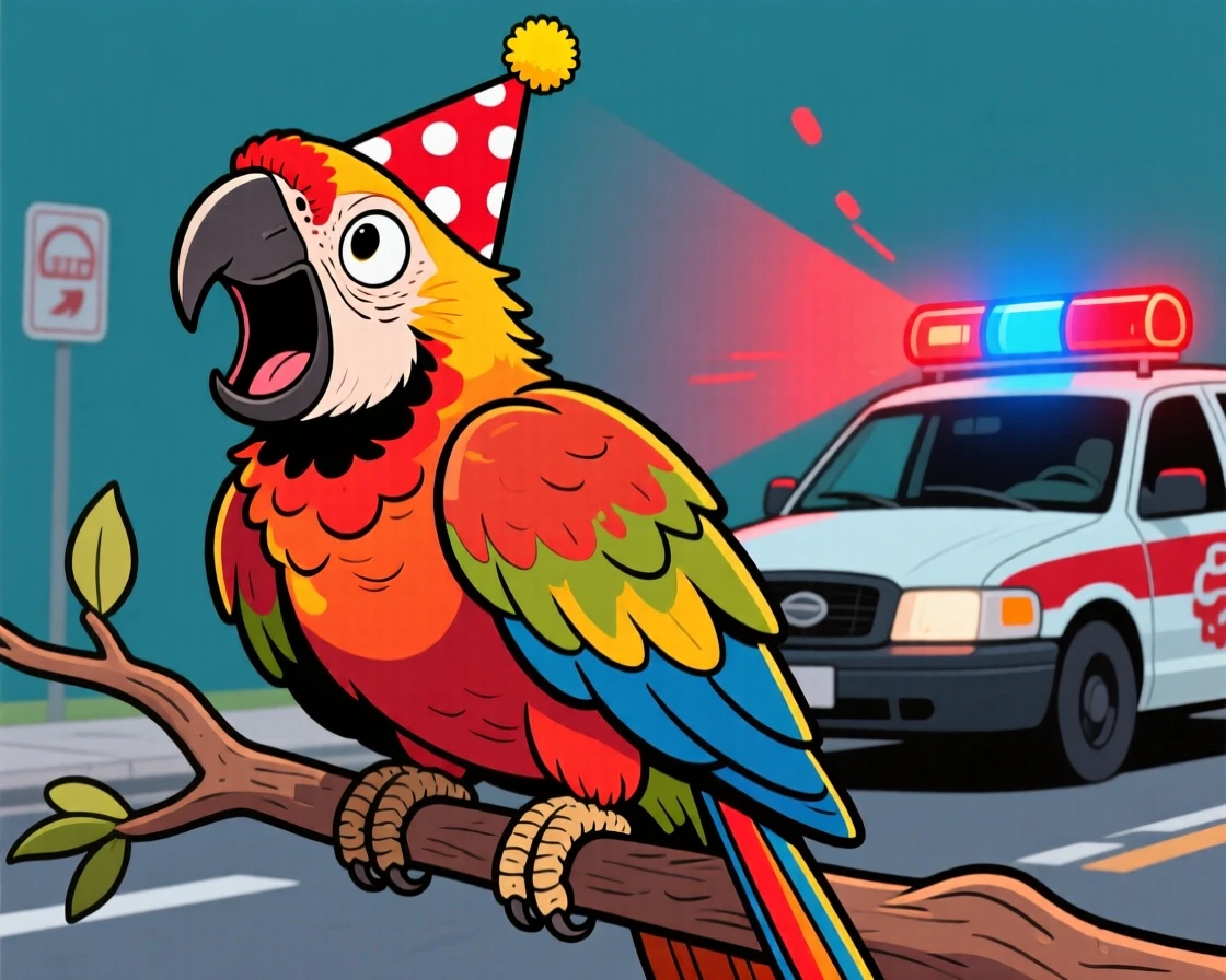A playful pet moment featuring a majestic parrot howling dramatically at a passing siren, with a birthday hat slightly askew.