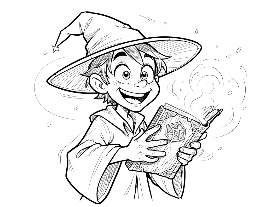 [Fantasy & Imaginative Scenarios] Imaginative fantasy scene of a young wizard casting a glowing spell from an ancient spellbook, brimming with wonder