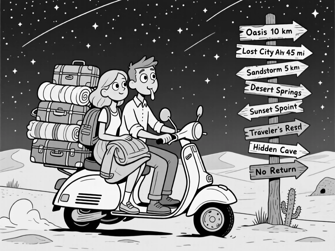 A couple riding a scooter overloaded with luggage, drooling slightly onto a rolled-up jacket, set parked beneath a blanket of stars in the desert. A weathered signpost lists a dozen mismatched directions. The image feels like a postcard brought playfully to life.