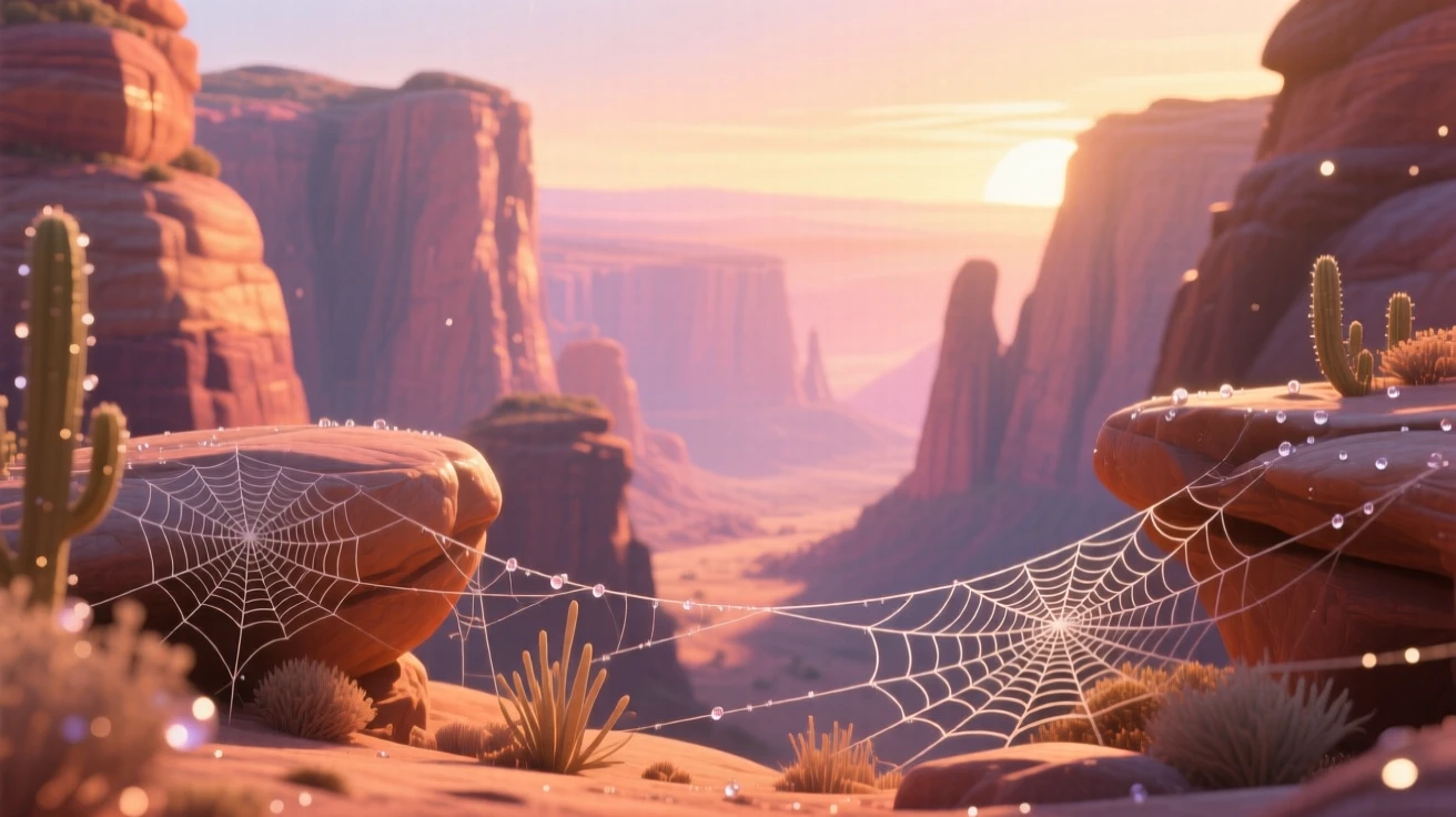 A canyon carved by centuries of wind glows as the first light of dawn spills over the horizon, with delicate spider webs beaded with dew. A calming stillness settles over the landscape.
