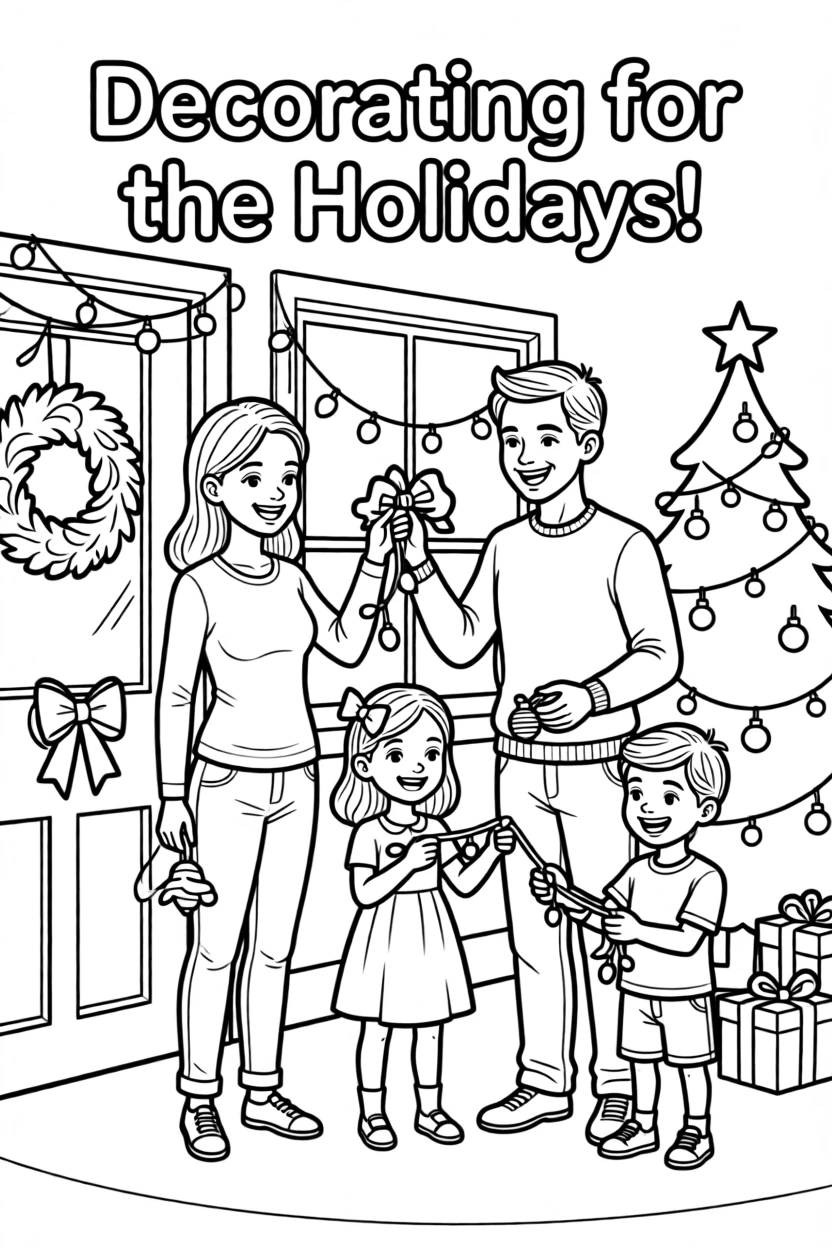 A family decorating the house together for the holidays
