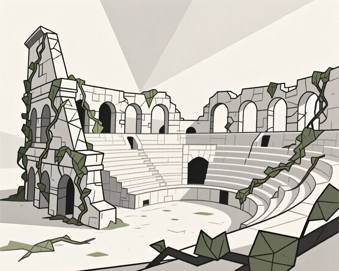 A ruined Roman amphitheater overgrown with vines