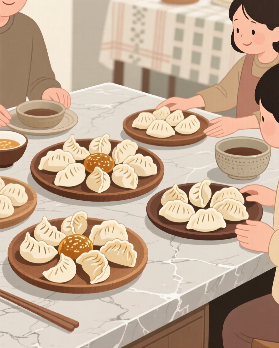 An assortment of dumplings beautifully displayed on a stone counter at a family gathering.