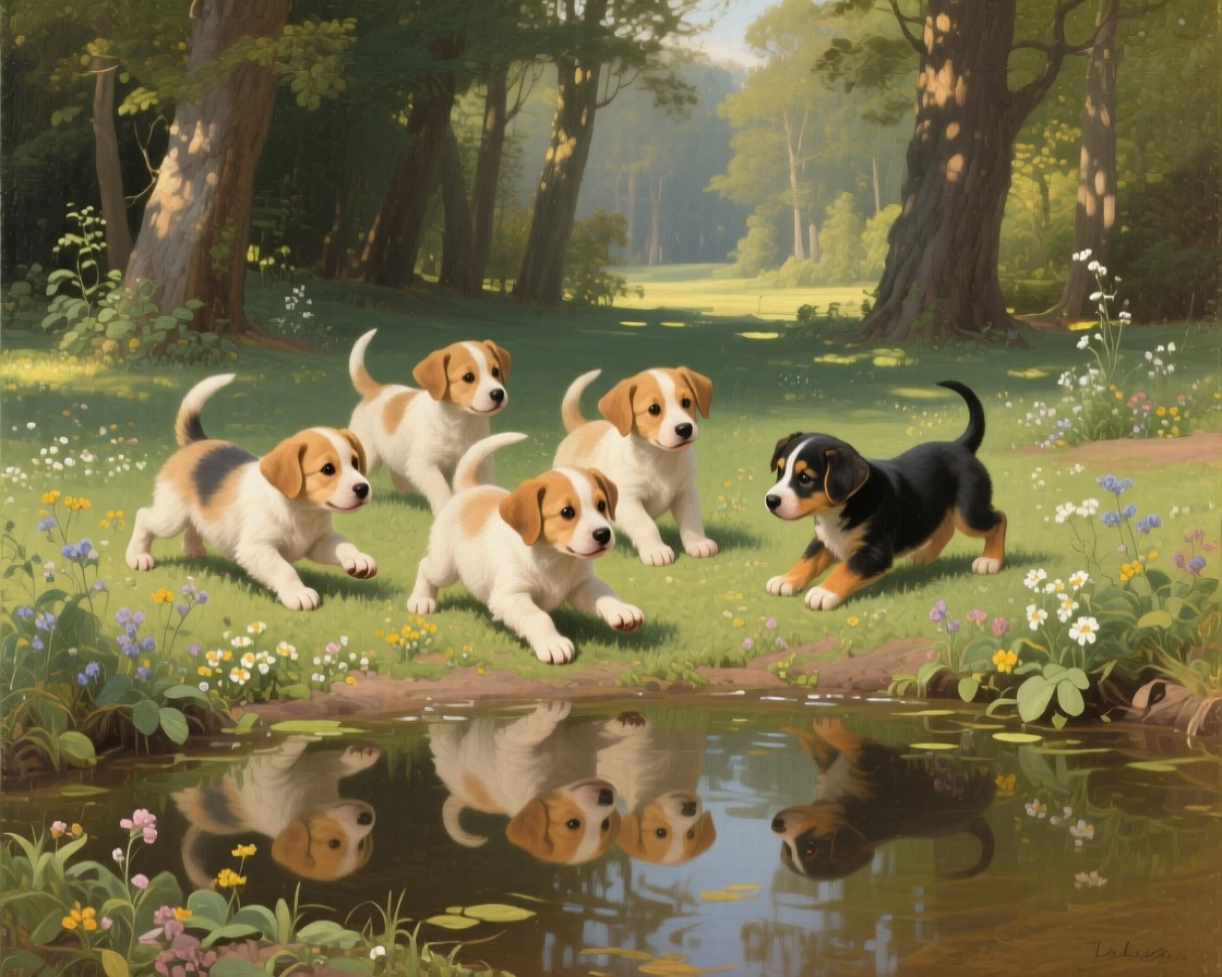 A litter of playful puppies tumbling in a sunlit garden in a fleeting instant of natural beauty rarely witnessed, set within a sunlit forest clearing alive with birdsong, with reflections in still water doubling the beauty of the moment; a low, respectful vantage point lends the creature quiet majesty, capturing a quiet, breathtaking moment of wild grace.
