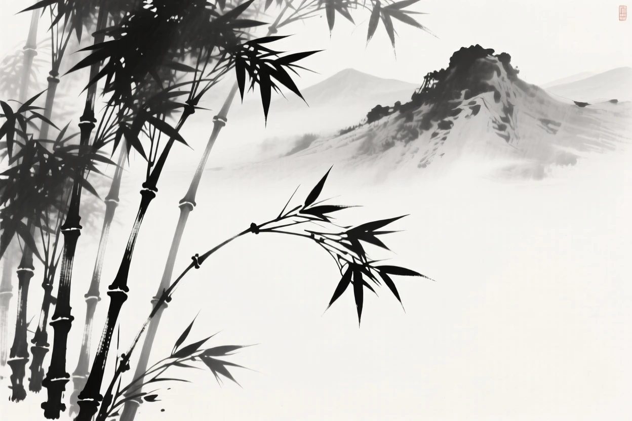 A grove of bamboo bends gracefully in a mountain breeze, with distant peaks barely visible through the canopy.