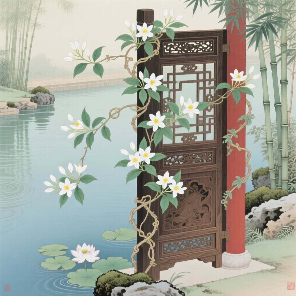 Jasmine vines wrapped around a garden gate beside a slow-moving canal