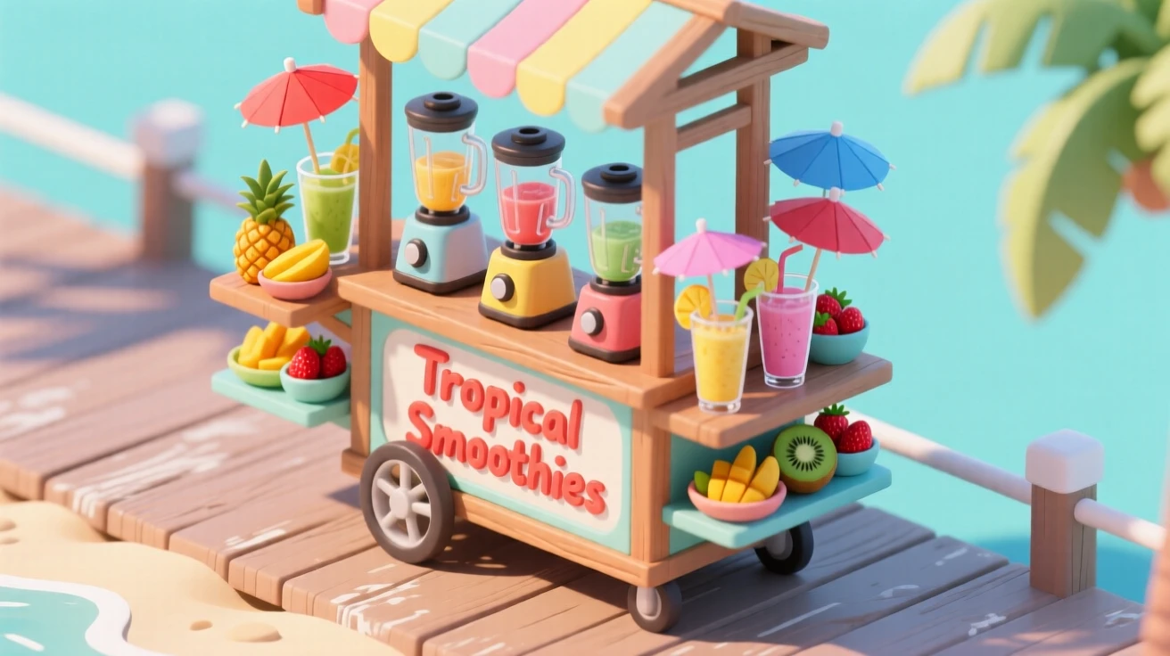 A bustling fruit smoothie cart on a tropical beach boardwalk, blenders whirring, and colorful drinks garnished with tiny umbrellas.