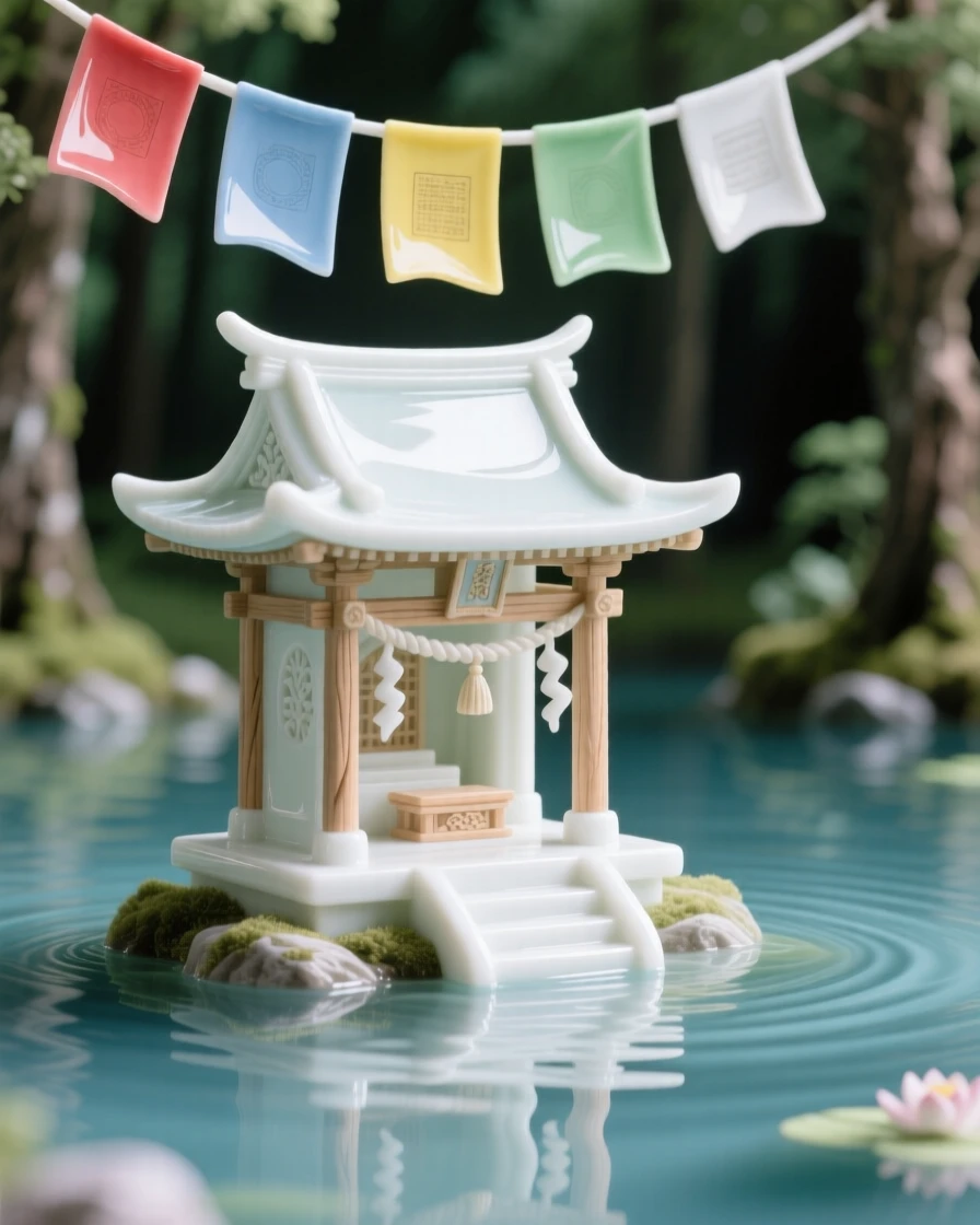 A serene forest shrine nestled in a tranquil reflecting lake, prayer flags fluttering gently in the breeze.