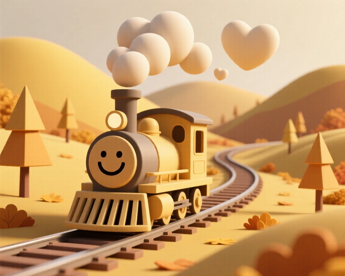 A friendly steam locomotive with a smiling front grille chugs merrily through a golden autumn valley, puffing clouds of smoke shaped like hearts.