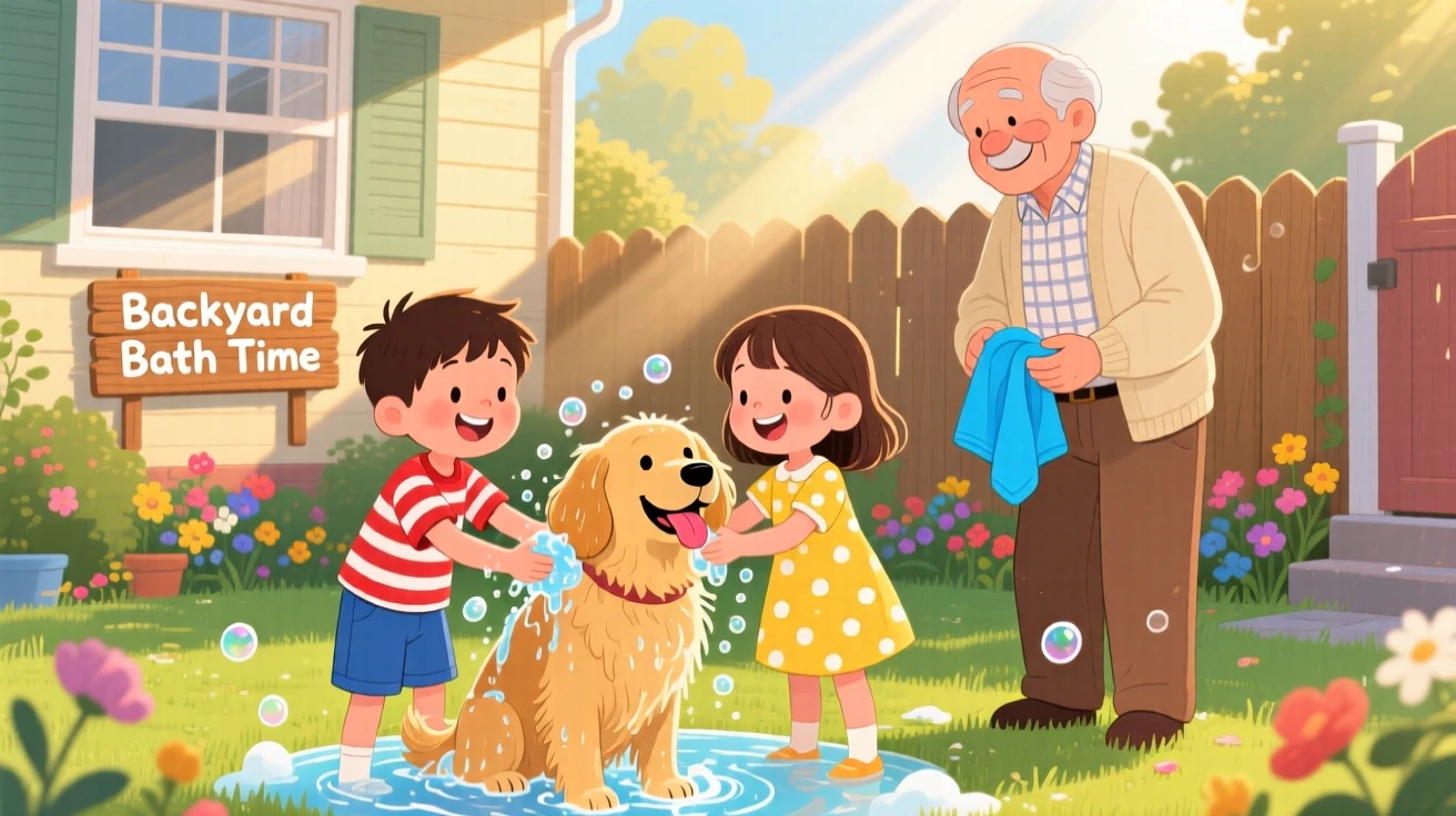 With his grandfather close by, twin siblings is washing a happy dog in the backyard, as golden afternoon light streams through the window.