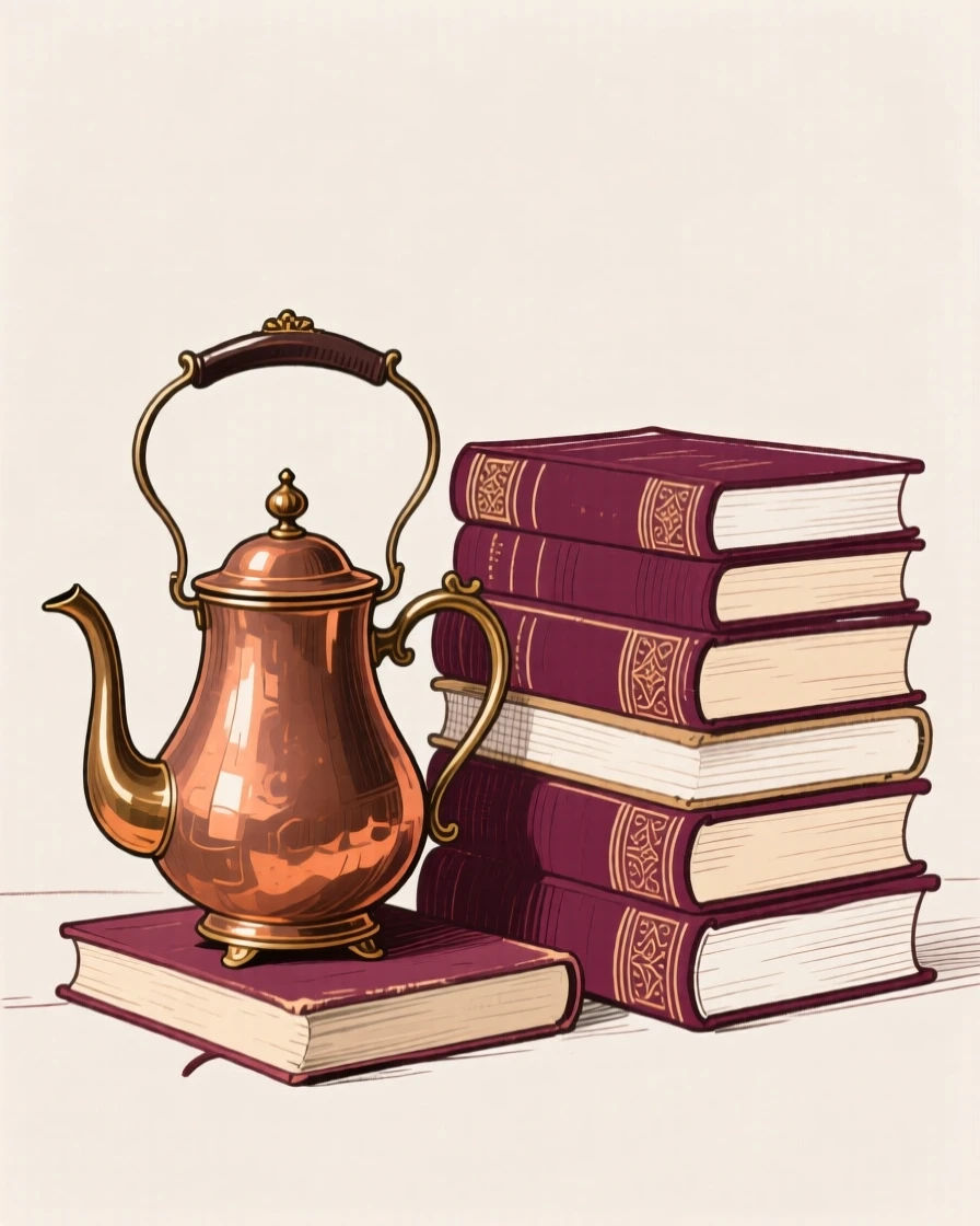 A vintage teapot beside a stack of antique books.