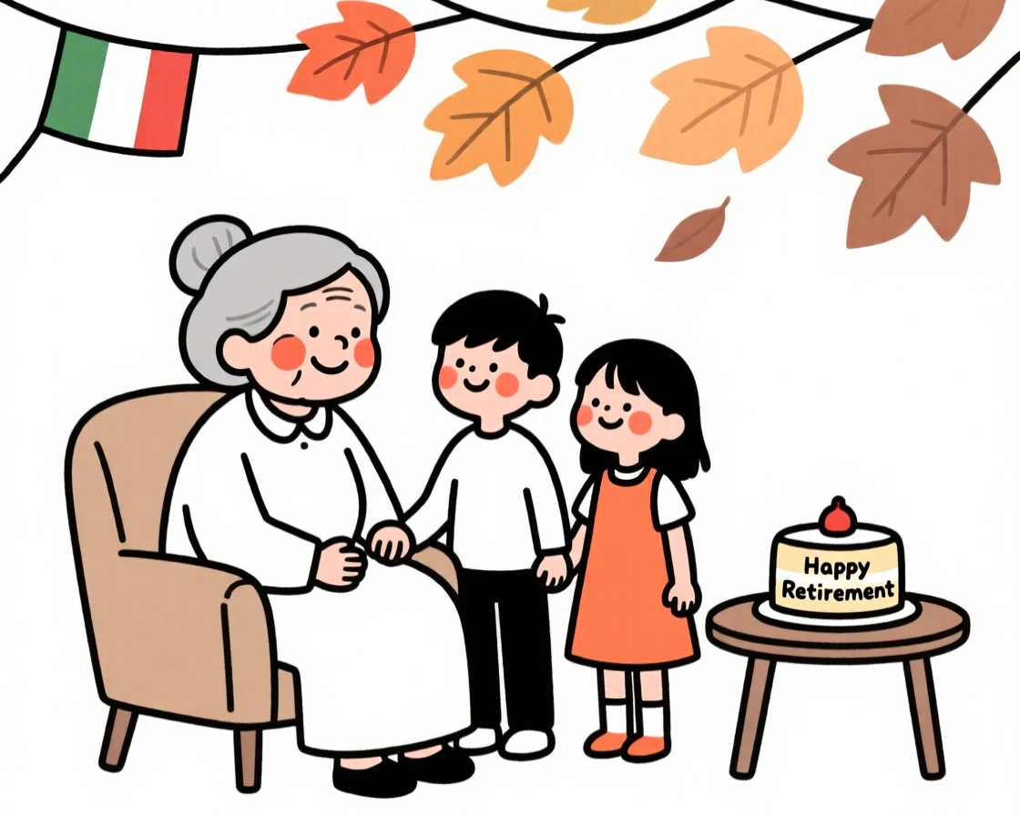 A grandmother and grandchildren of Italian heritage celebrating a retirement, under a canopy of autumn leaves.